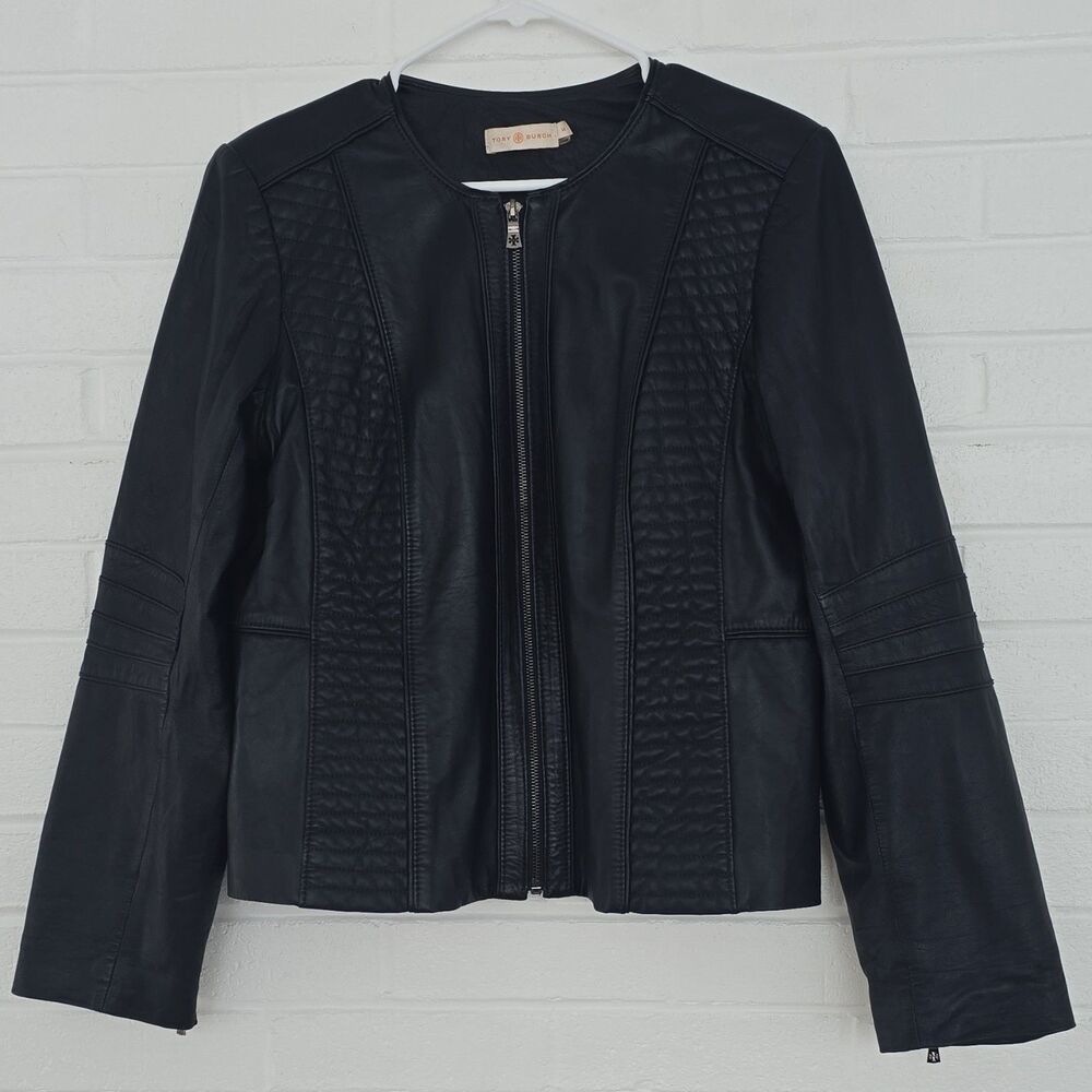 Tory Burch Leather Biker Jacket Cropped Navy Size 14